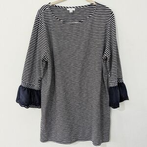 J. Jill Striped Tunic Eyelet Bell Bell Sleeve Split Hem Jersey Blue White XL
